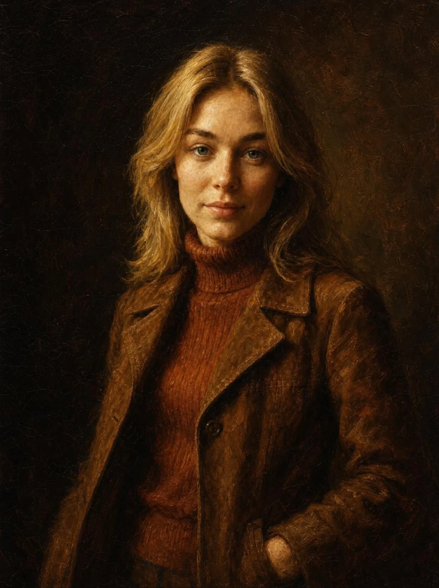 The woman repainted as a classical oil portrait in warm brushwork against a dark umber background