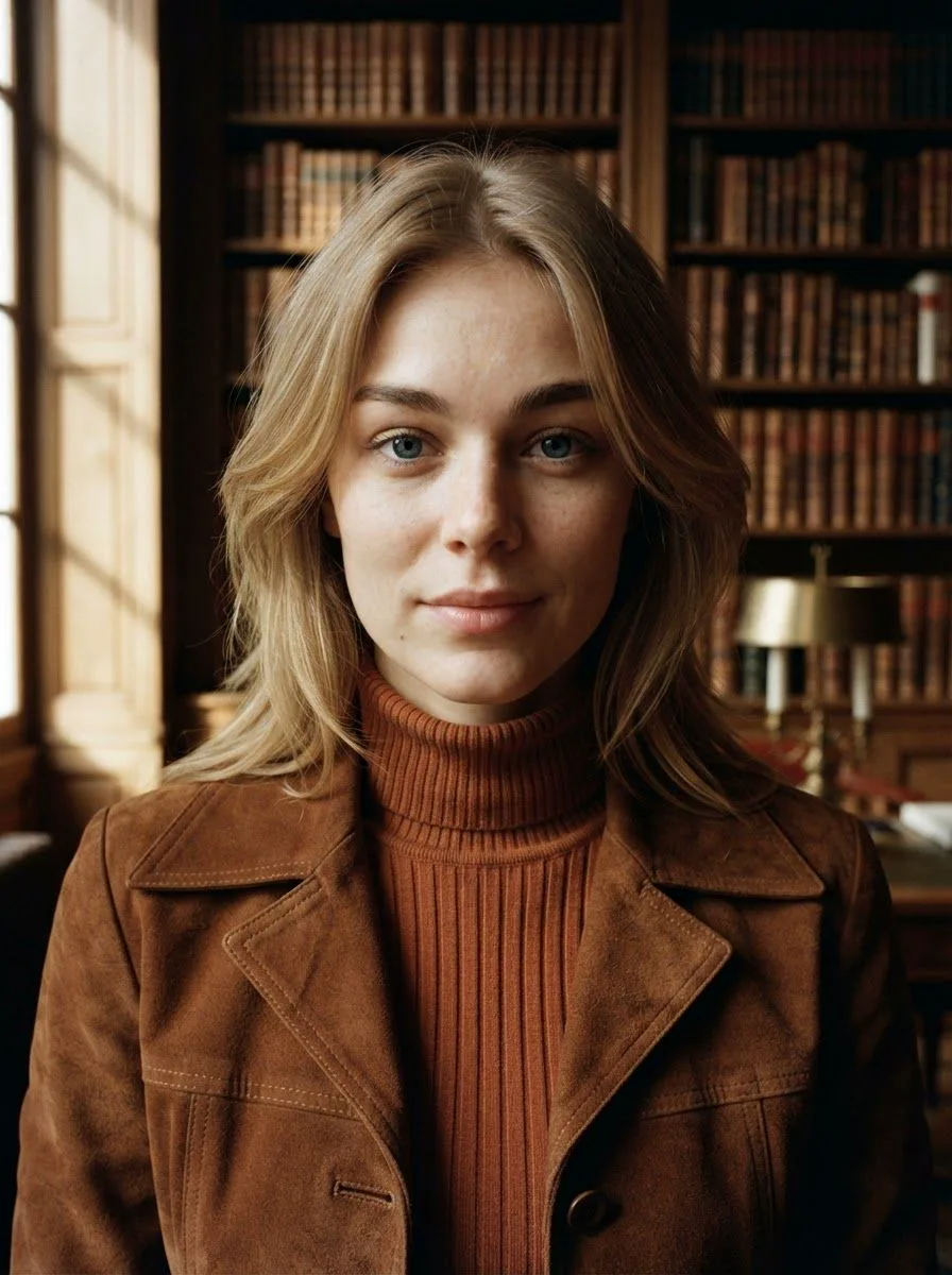 The same woman in a 1970s suede jacket and rust turtleneck in a wood-panelled library, looking into the lens