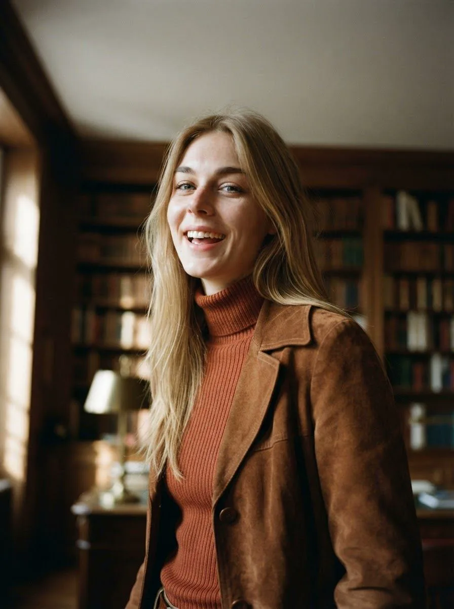 The woman laughing, shot from below with the library ceiling behind her