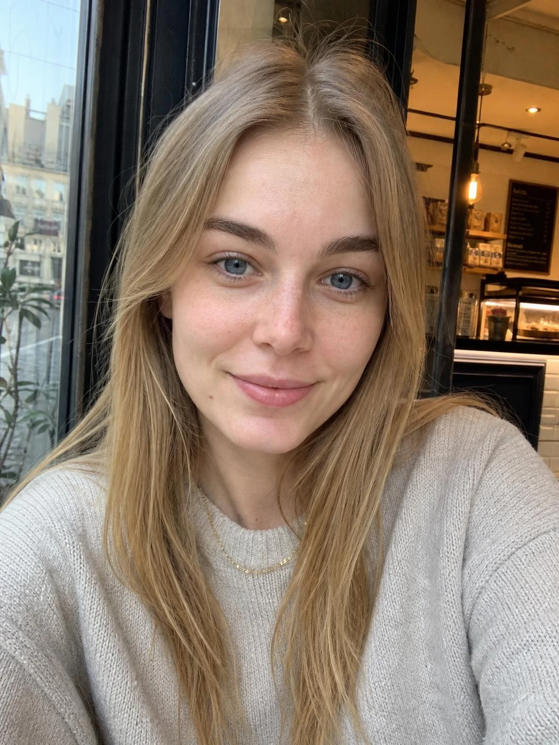 Everyday phone snapshot of a woman with long blonde hair sitting near a cafe window